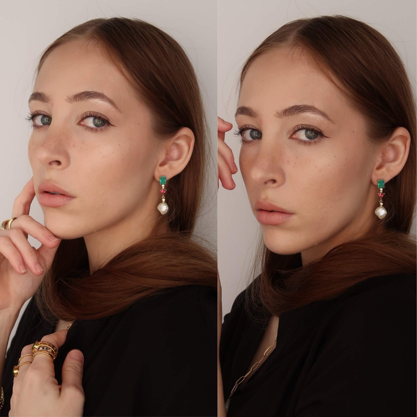 Gold Pearl Drop Earrings (green red crystal gems)