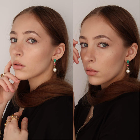 Gold Pearl Drop Earrings (green red crystal gems)