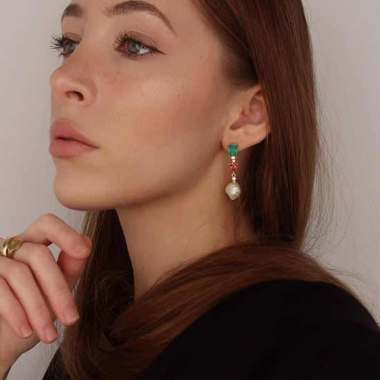 Gold Pearl Drop Earrings (green red crystal gems)