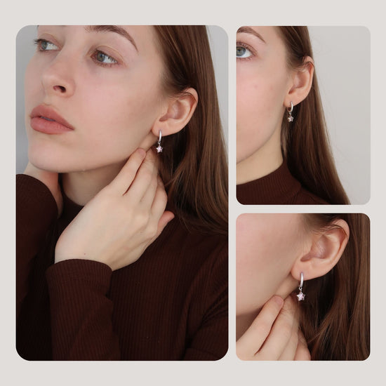 Pink Star Drop Earrings  - Platinum on Sterling Silver