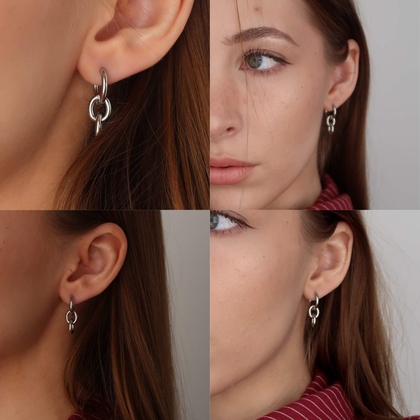Silver Link Hoops - Round Hanging Drop Earrings (Stainless Steel)
