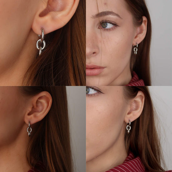 Silver Link Hoops - Round Hanging Drop Earrings (Stainless Steel)