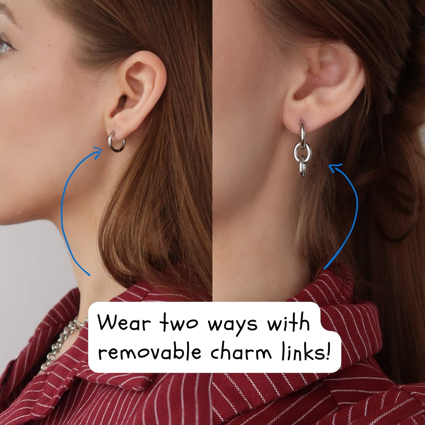 Silver Link Hoops - Round Hanging Drop Earrings (Stainless Steel)