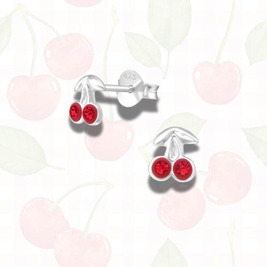Cherry Stud Earrings in Sterling Silver, Tiny Fruit Earrings (red, pink)