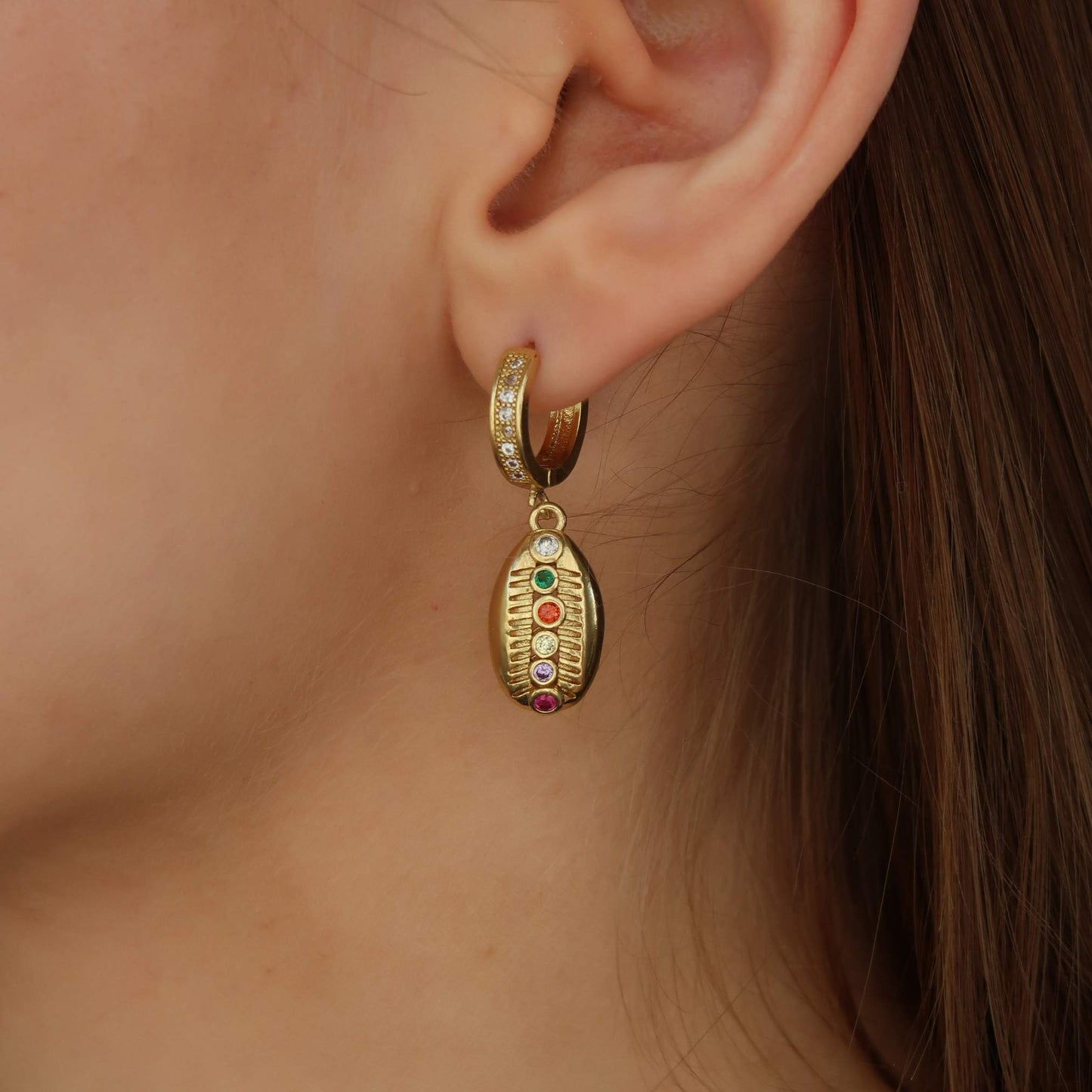 Gold Pave Shell - Small Drop Hoop Earrings (Gold-toned Copper)