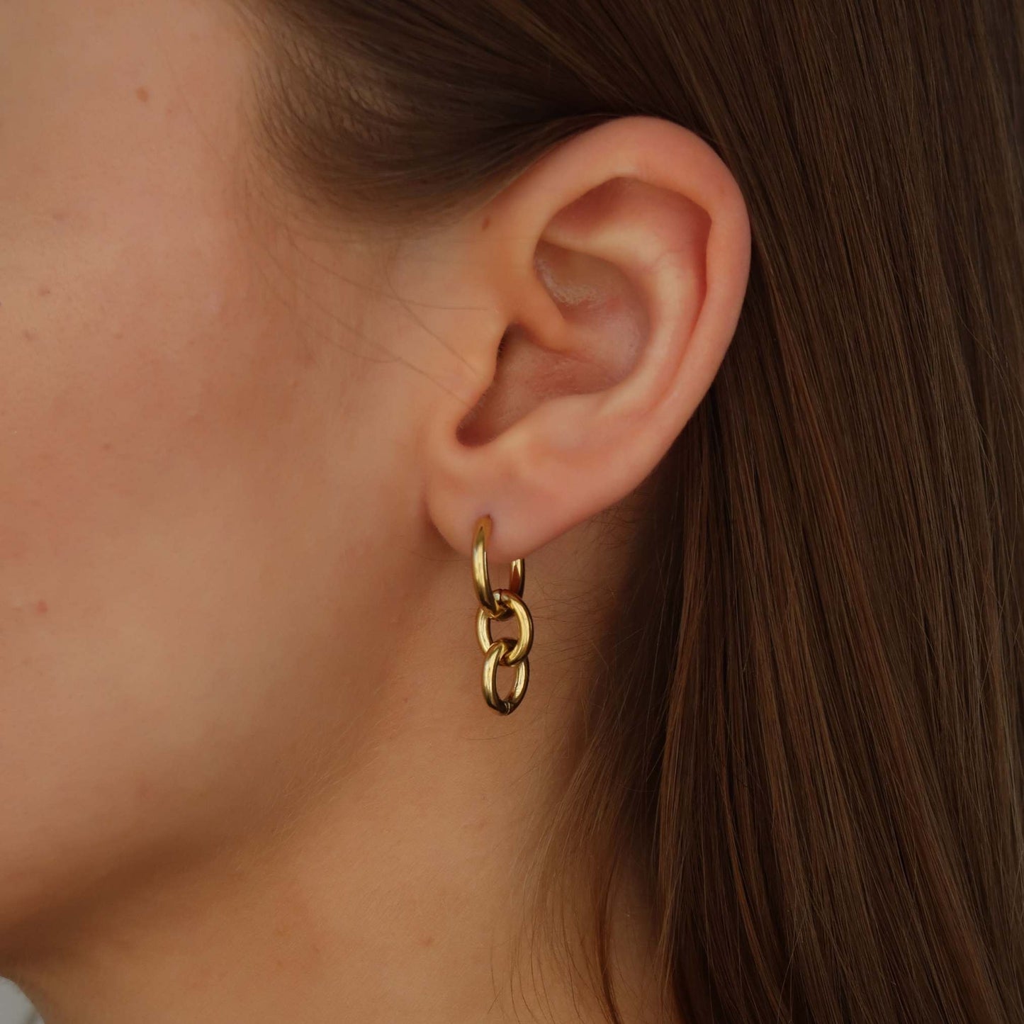 Gold Link Hoops - Round Hanging Drop Earrings (Stainless Steel)