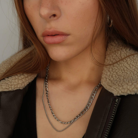 Silver Layered Figaro & Curb Chain - Silver Necklace