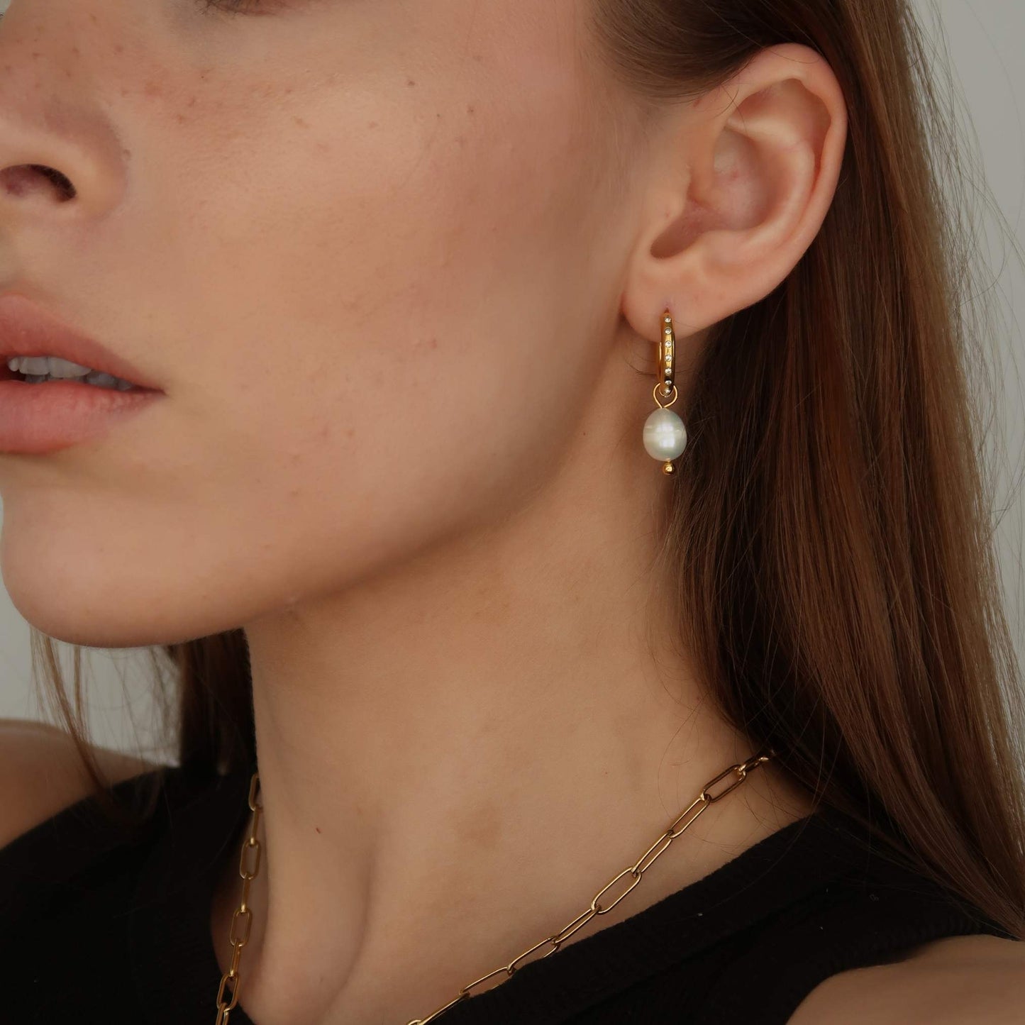 Imitation Pearl Charm Hoops - Gold Stainless Steel Earrings