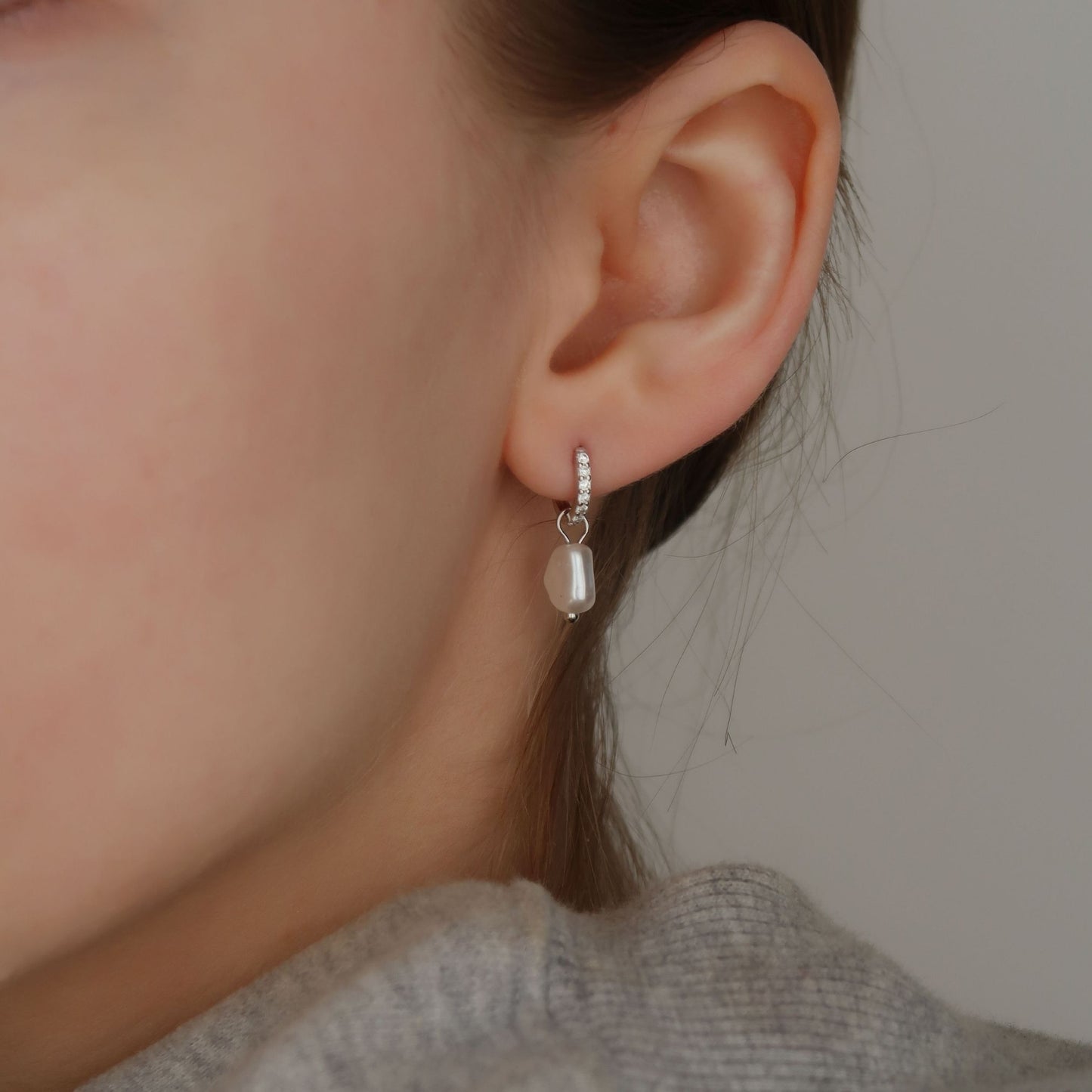 Pearl Charm Earrings - Hanging Huggies (Sterling Silver)