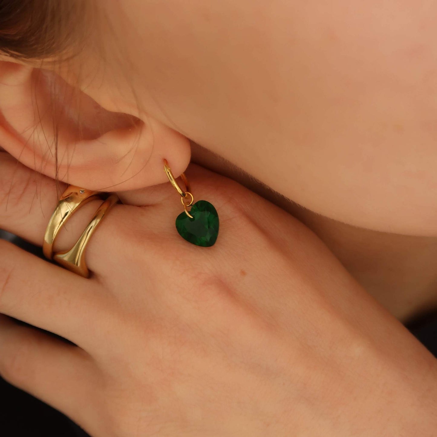 Gold Plated Green Heart Huggies - Sterling Silver (removable charms)