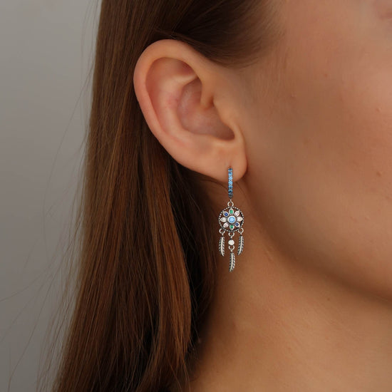 Hanging Dream Catcher Earrings - Blue Pave Crystal Hoops (flower & feather)