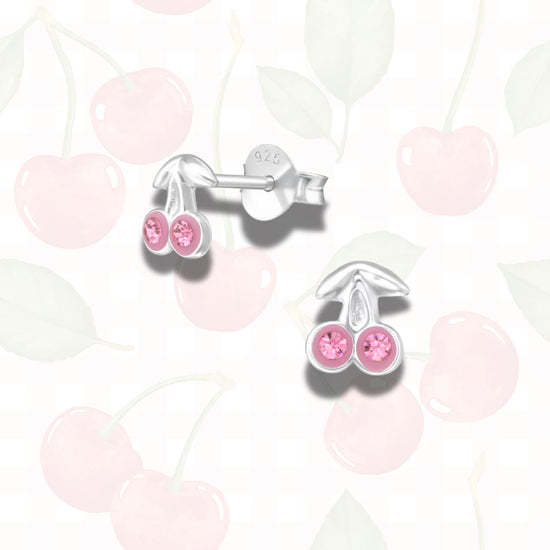 Cherry Stud Earrings in Sterling Silver, Tiny Fruit Earrings (red, pink)