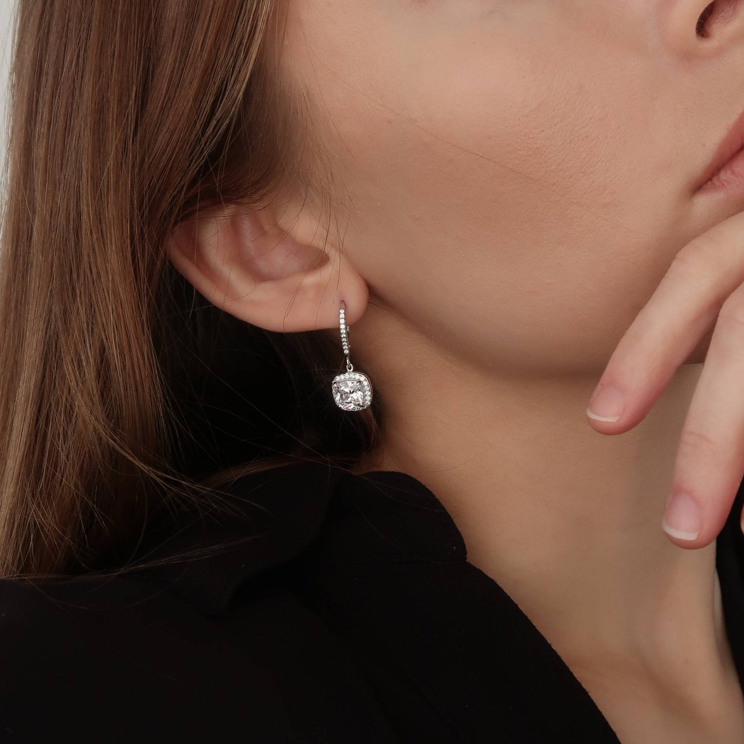 Silver Drop Pave Earrings (with sparkling crystals) - Platinum Plated Sterling Silver