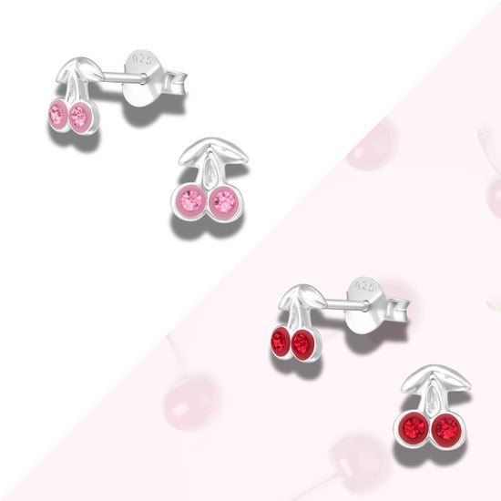 Cherry Stud Earrings in Sterling Silver, Tiny Fruit Earrings (red, pink)