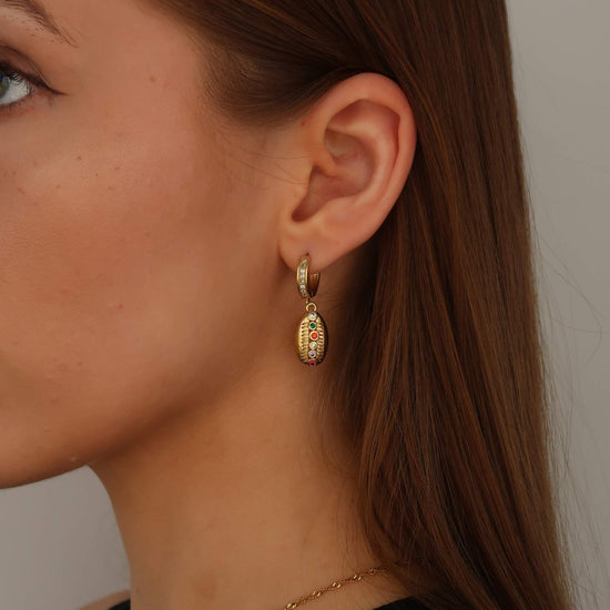 Gold Pave Shell - Small Drop Hoop Earrings (Gold-toned Copper)