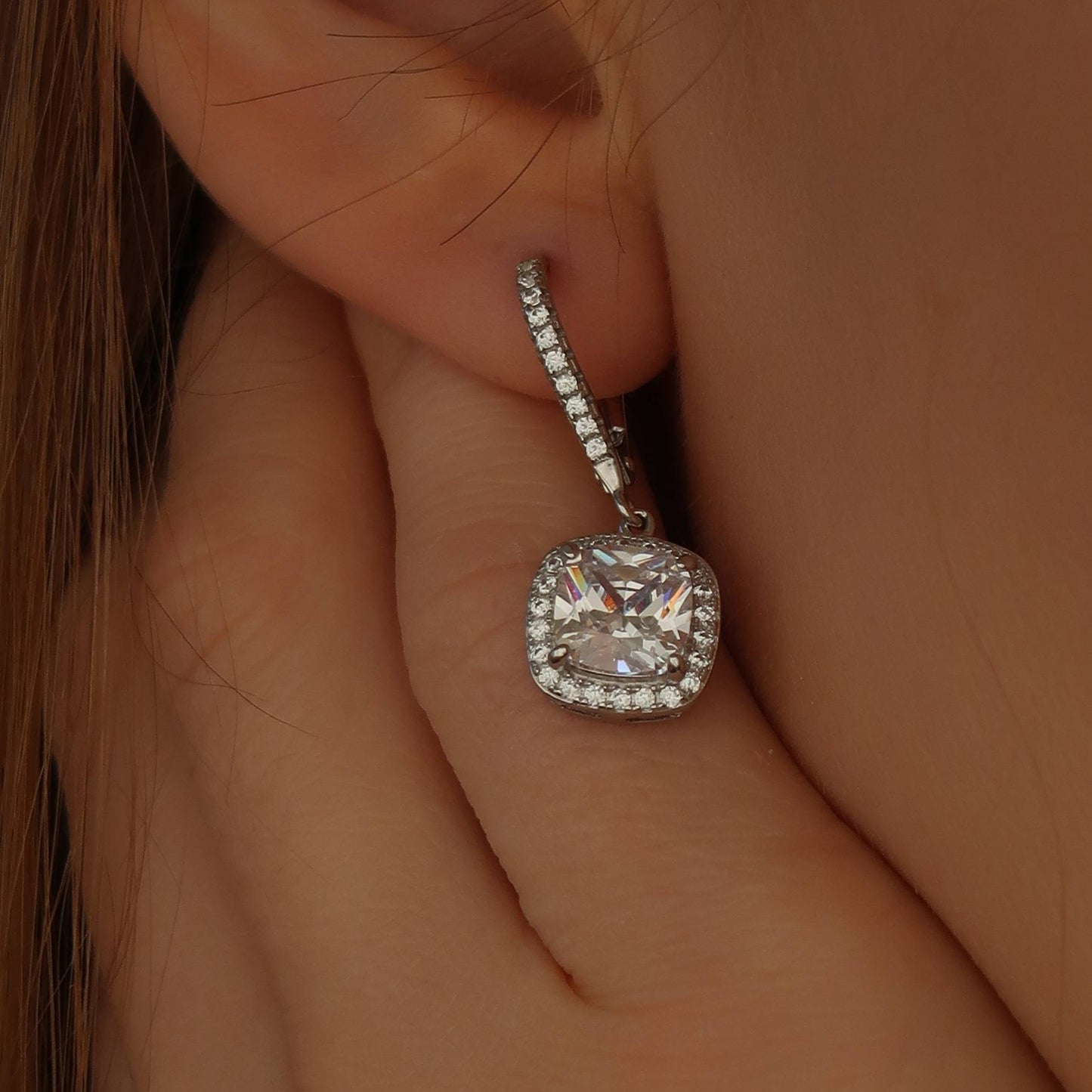 Silver Drop Pave Earrings (with sparkling crystals) - Platinum Plated Sterling Silver