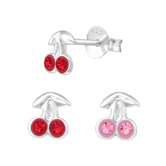 Cherry Stud Earrings in Sterling Silver, Tiny Fruit Earrings (red, pink)