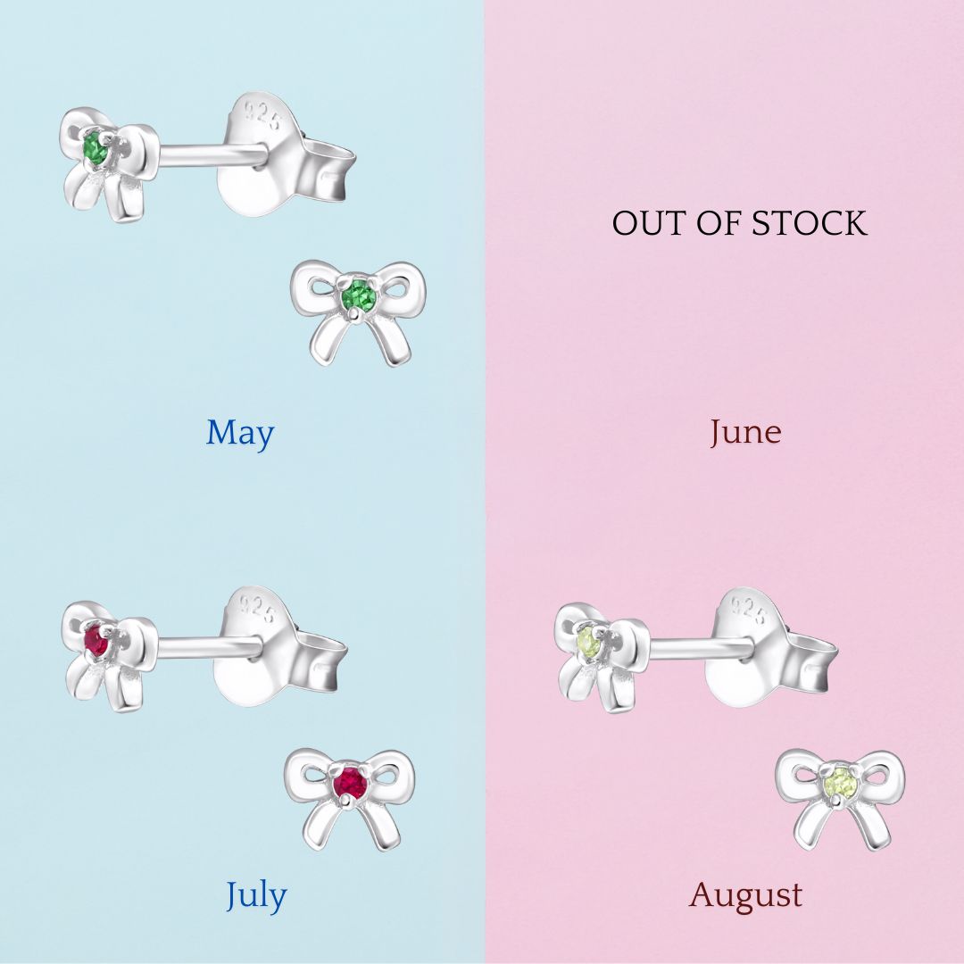 Birthstone Bow Earrings - Personalised Sterling Silver Birthday Studs