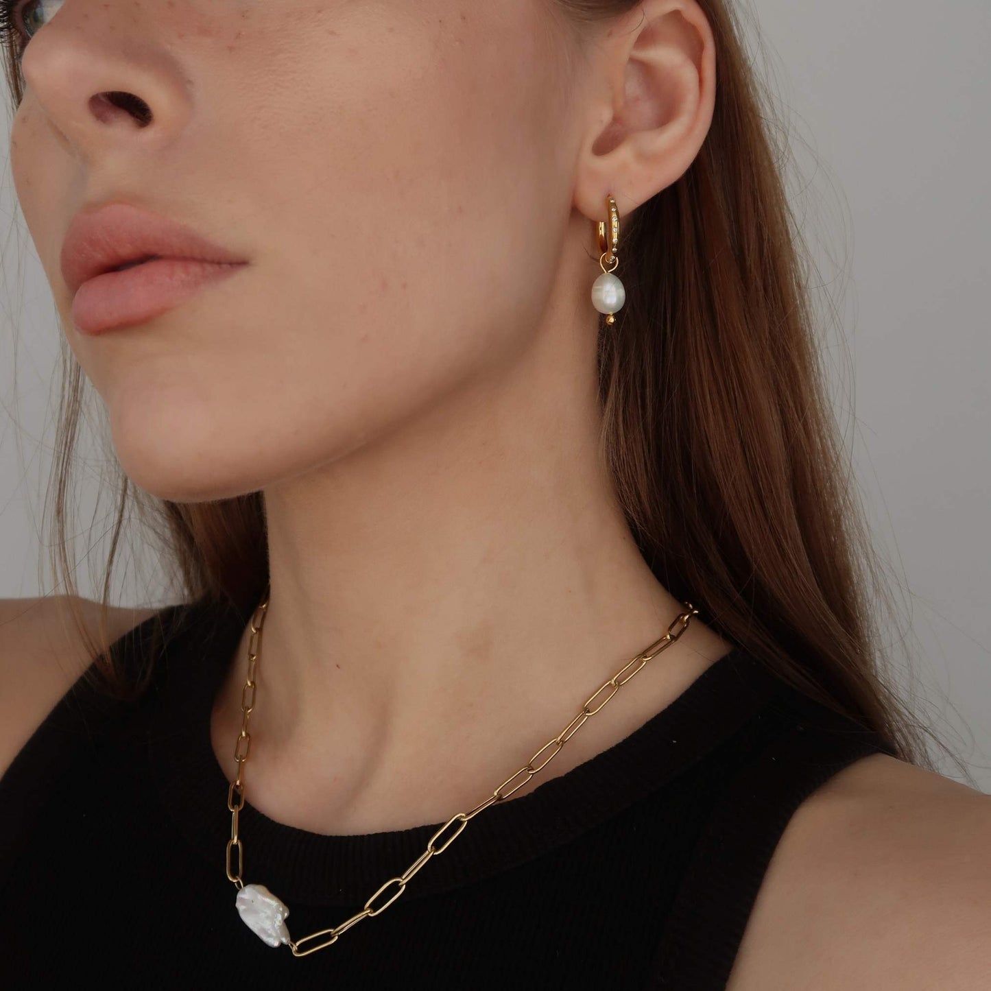 Imitation Pearl Charm Hoops - Gold Stainless Steel Earrings