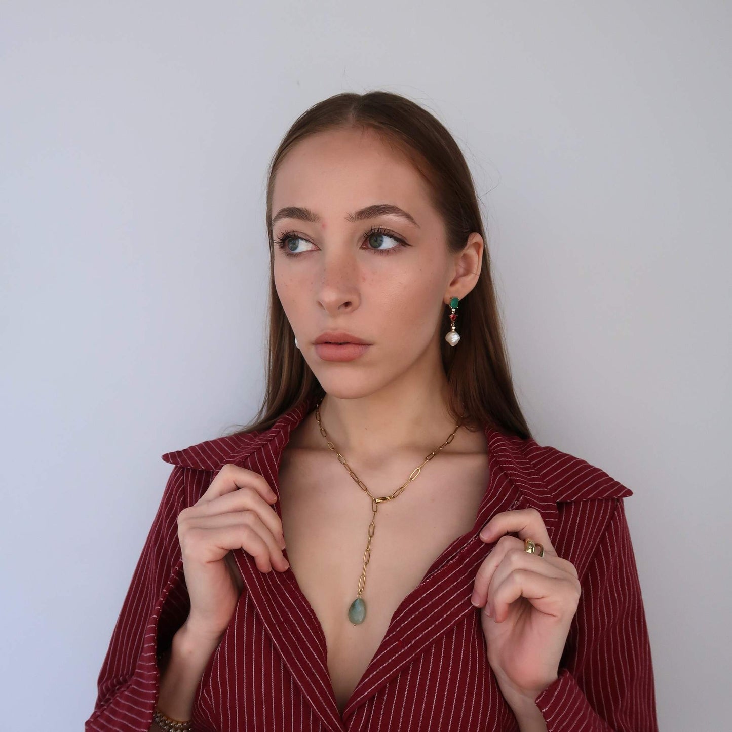 GREEN STONE - Adjustable Lariat Paperclip Cable Necklace (Gold)