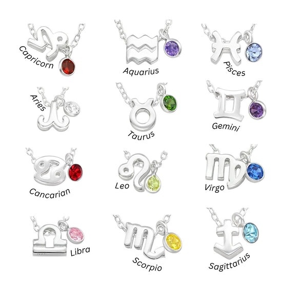 Zodiac Sign Necklace with Birthday Birthstone, Sterling Silver Astrology