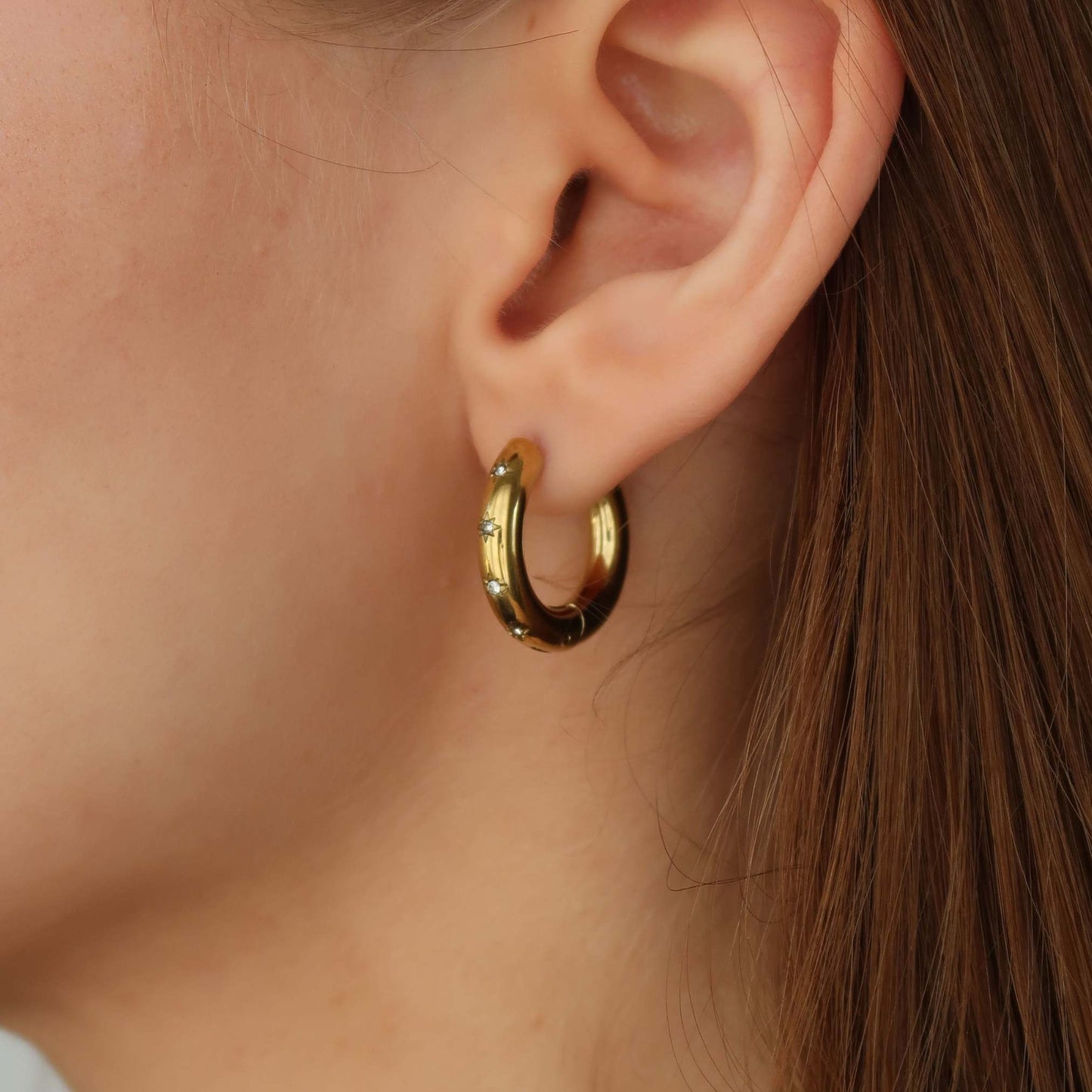 Gold Hoop Earrings Thick - Star Crystals (Gold Plated Stainless Steel)