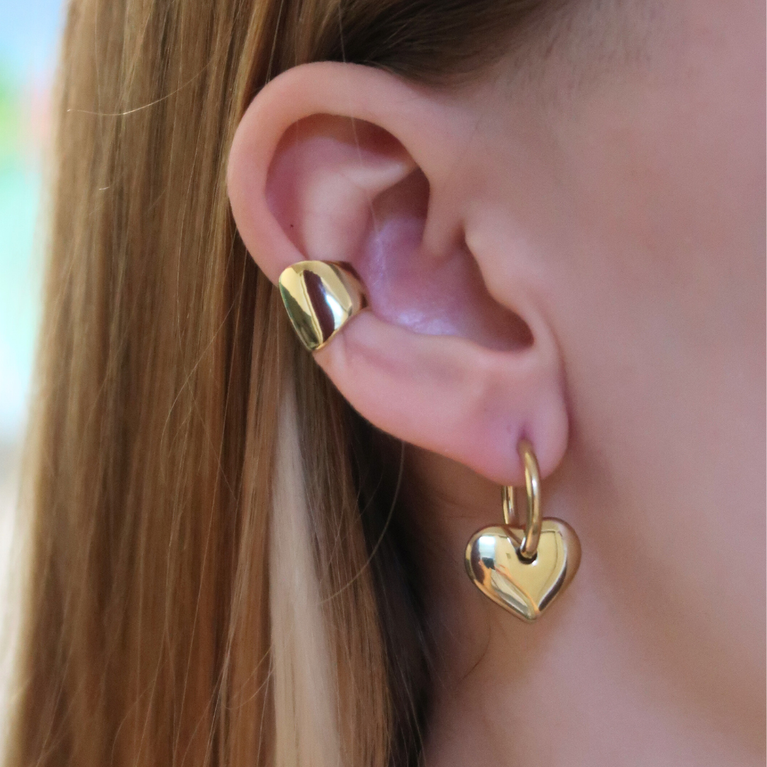 Gold Heart Charm Huggie Hoops - Stainless Steel Earrings
