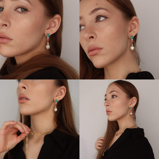 Gold Pearl Drop Earrings (green red crystal gems)