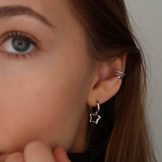 Star Silver Hoops - Platinum Plated Sterling Silver Earrings