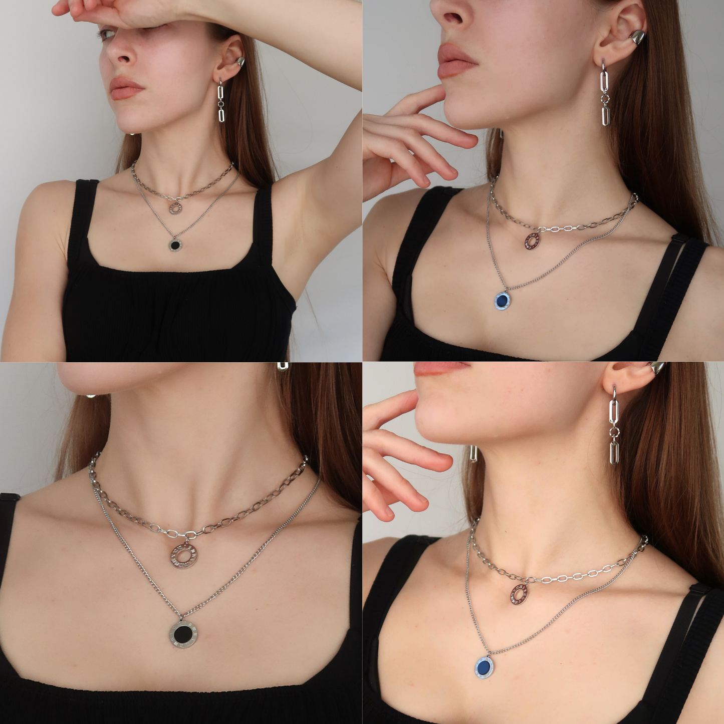 Silver Round Pendant Necklace - Layered Curb Cable Chains