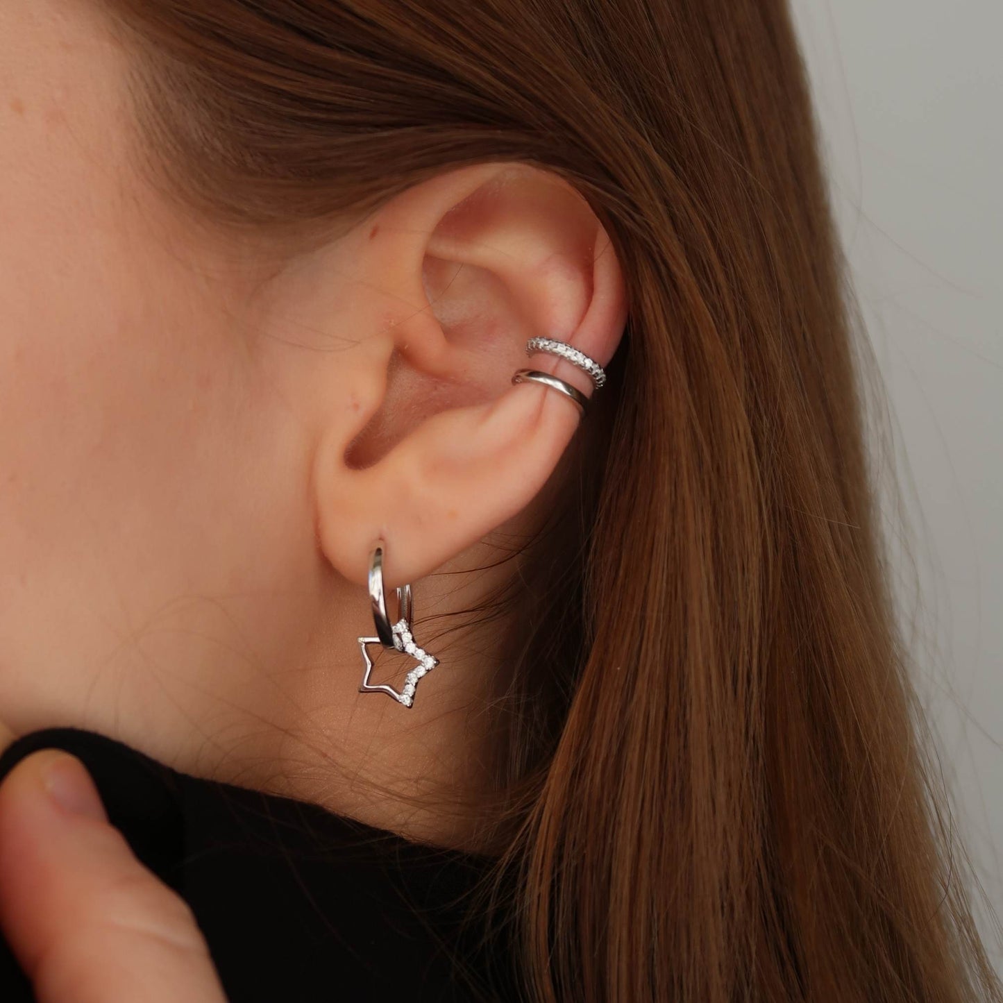 Star Silver Hoops - Platinum Plated Sterling Silver Earrings