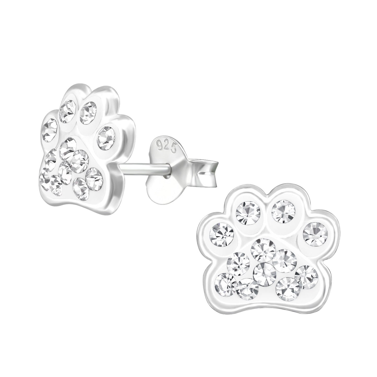 Dog Paw Print Stud Earrings - Sterling Silver and Diamonte Crystals