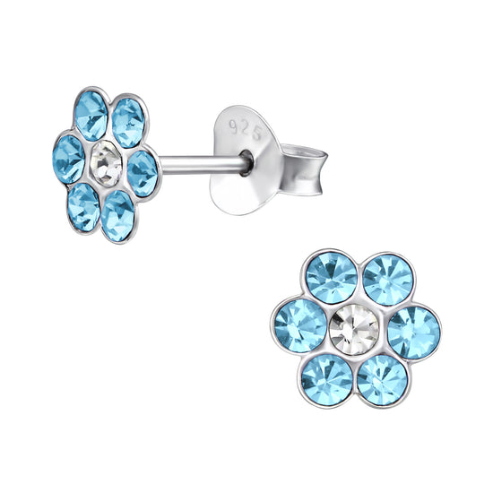 Sterling Silver Flower Studs - Diamanté Crystals Earrings (pink or blue)