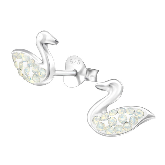 Kids Swan Earrings, Sparkly Diamanté Crystal Sterling Silver