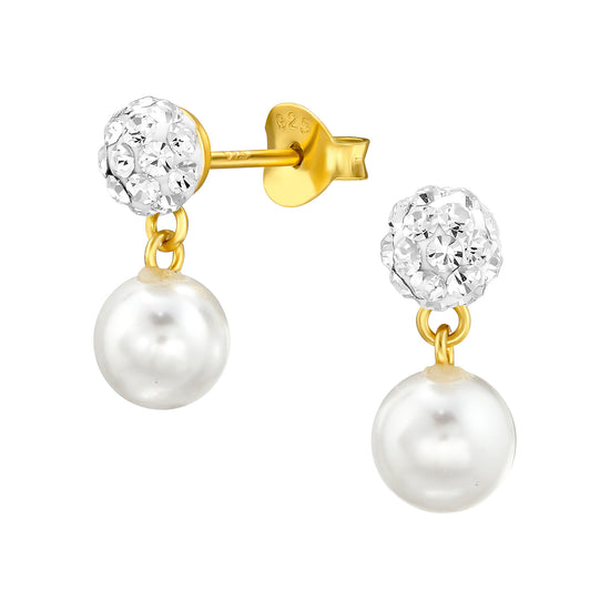 Gold Pearl Earrings, Crystal Studs made from Sterling Silver