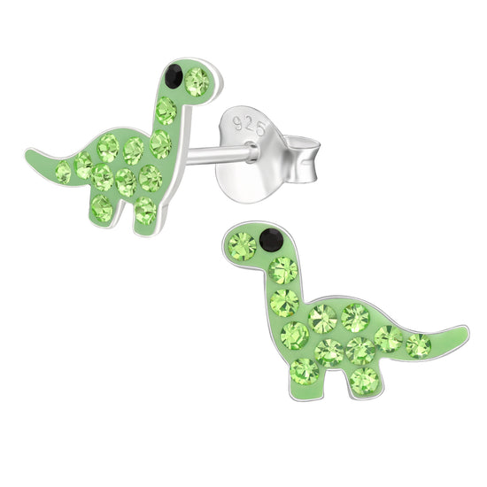 Cute Dinosaur Studs, Green Crystal Dino Earrings - Sterling Silver