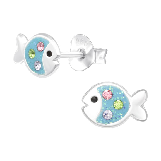 Glitter Fish Earrings, Kids Cute Fish Studs - Sterling Silver