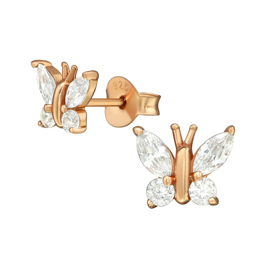 Rose Gold Butterfly Cubic Zirconia Ear Studs - Sterling Silver Earrings