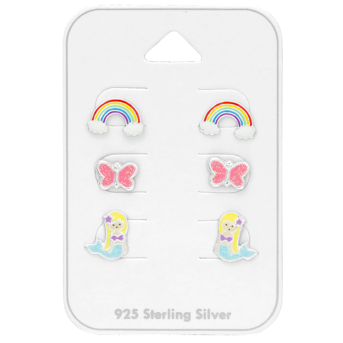 Kids Sterling Silver Earrings, Set of 3 - Rainbow, Mermaid, Butterfly