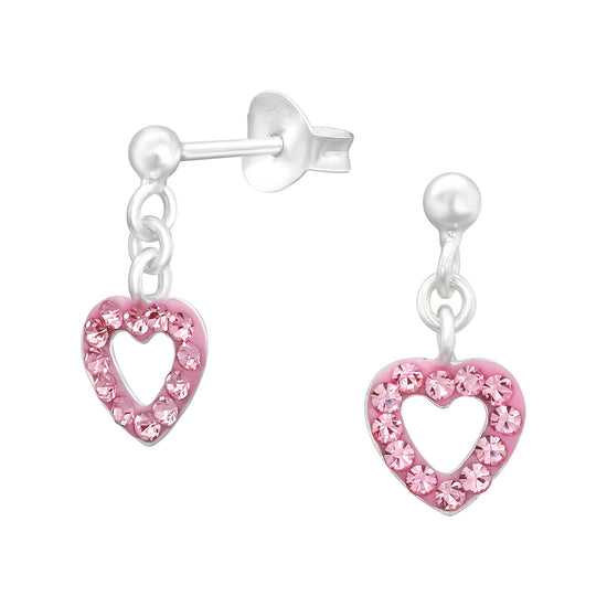 Girls Pink Heart Drop Earrings - Hypoallergenic Sterling Silver