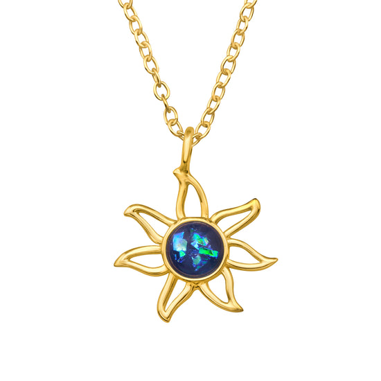 Sun Necklace, Flower Pendant in Gold - Sterling Silver, Faux Opal