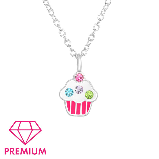 Cupcake-shaped necklace with colorful gemstones on a white background, featuring the 'Premium' brand logo.