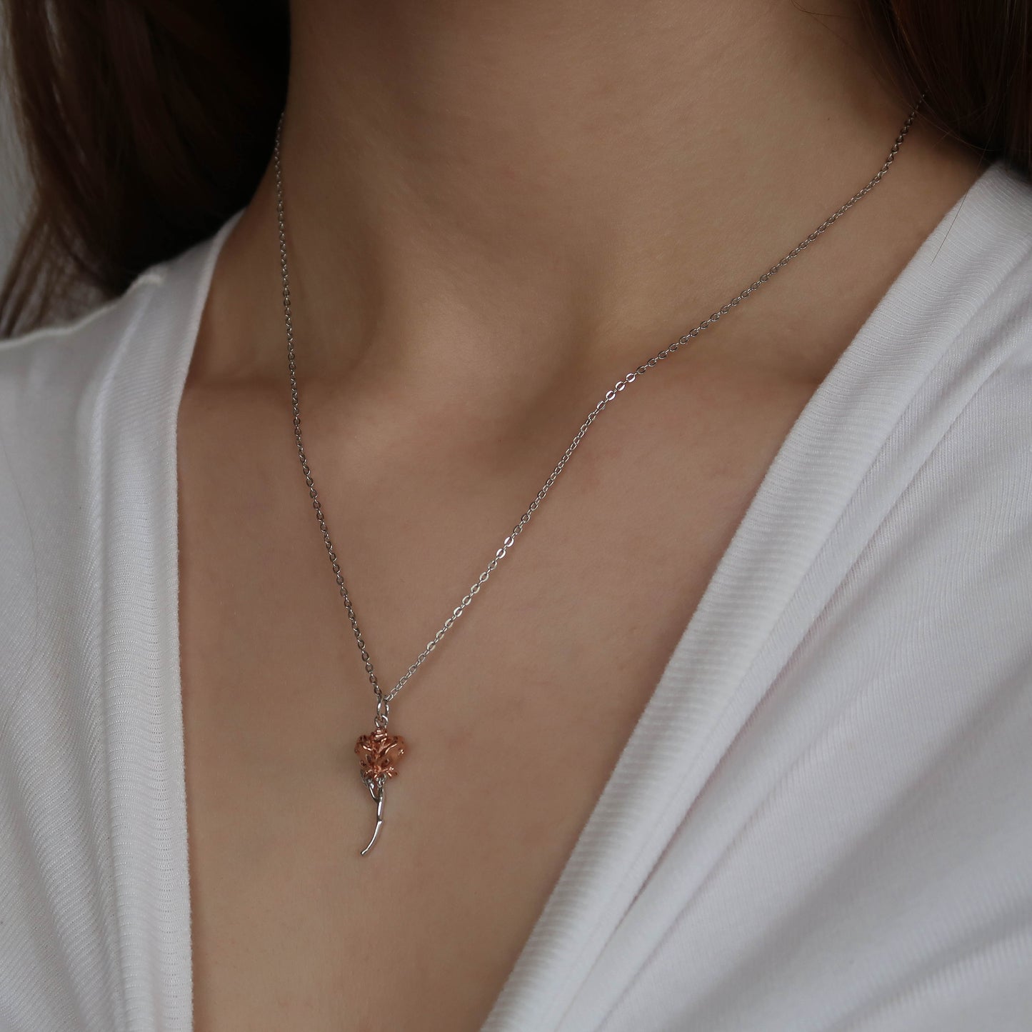 Peachy Rose Gold Flower Pendant (45cm) - Sterling Silver Necklace
