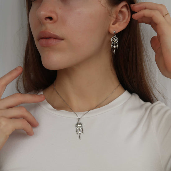SILVER TREE OF LIFE NECKLACE - with Hanging Feather Charms