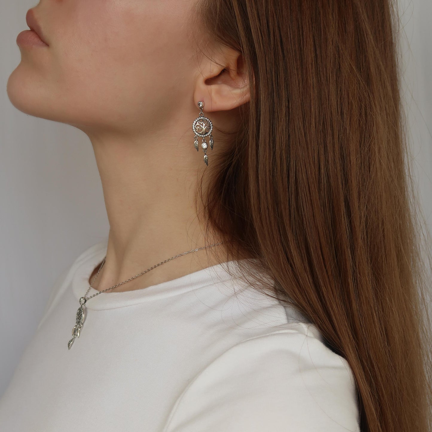 SILVER TREE OF LIFE EARRINGS - with Hanging Feather Charms