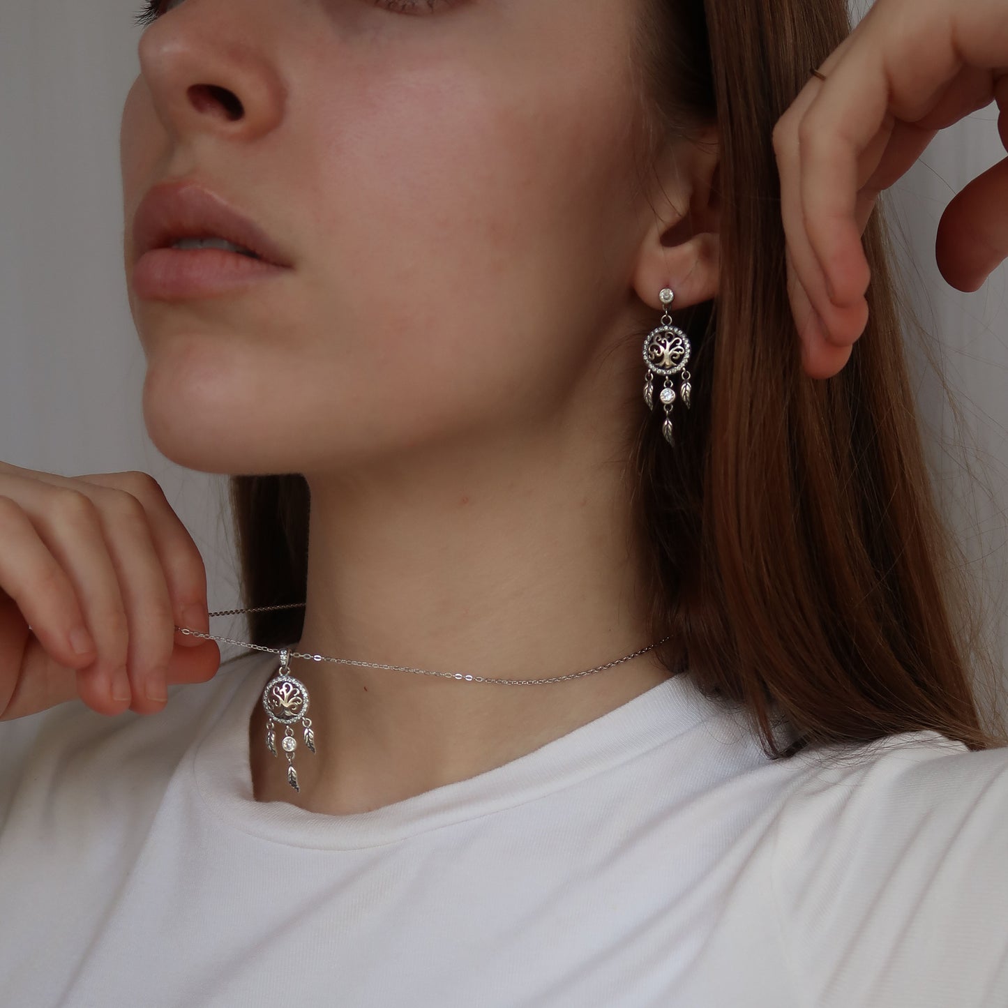 SILVER TREE OF LIFE EARRINGS - with Hanging Feather Charms