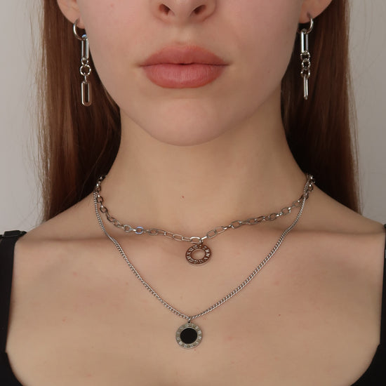 Silver Round Pendant Necklace - Layered Curb Cable Chains