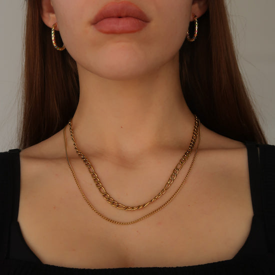 Gold Layered Figaro & Curb Chain - Gold Necklace