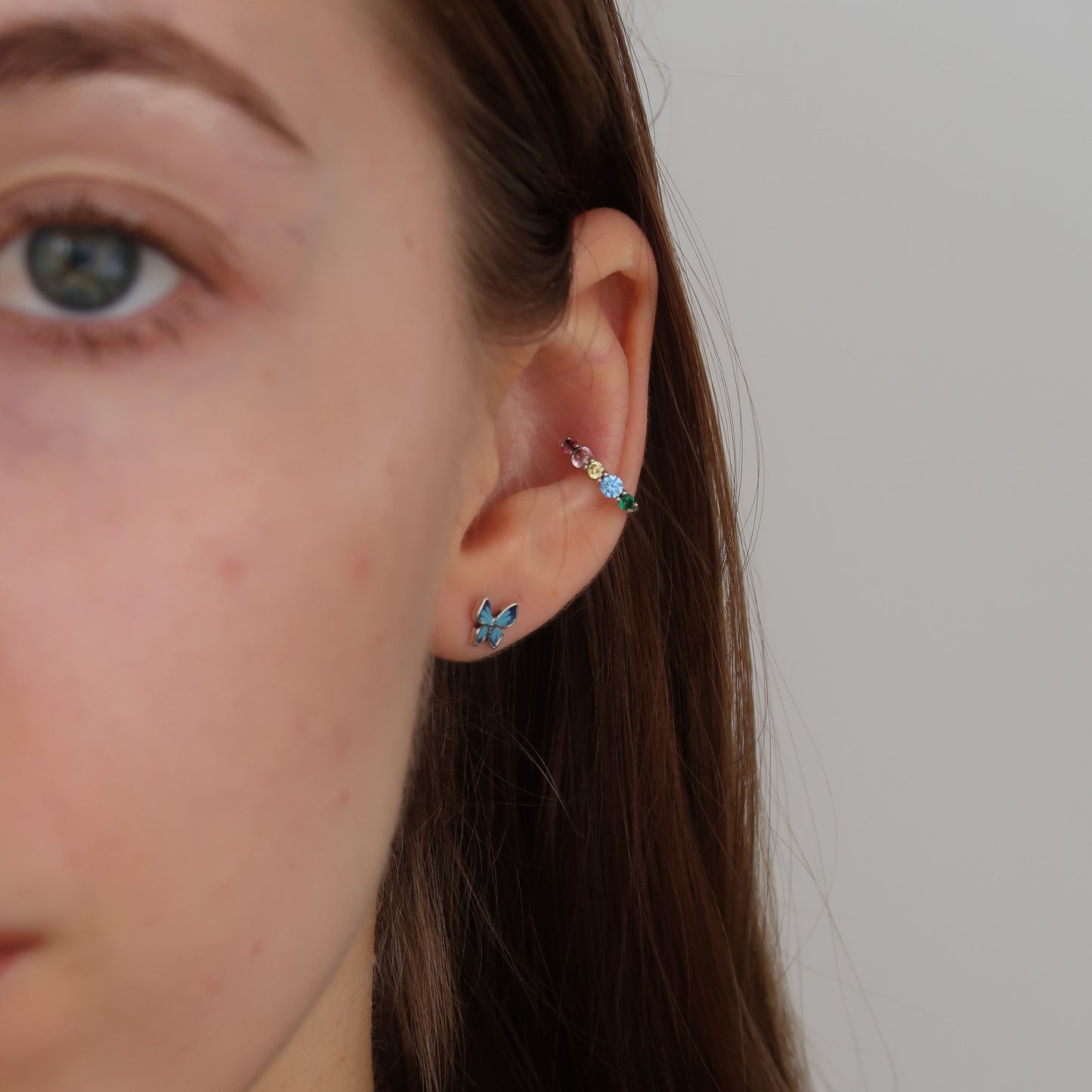 Silver Multi Colour Ear Cuff - Rainbow Zircon Crystals (sterling silver)