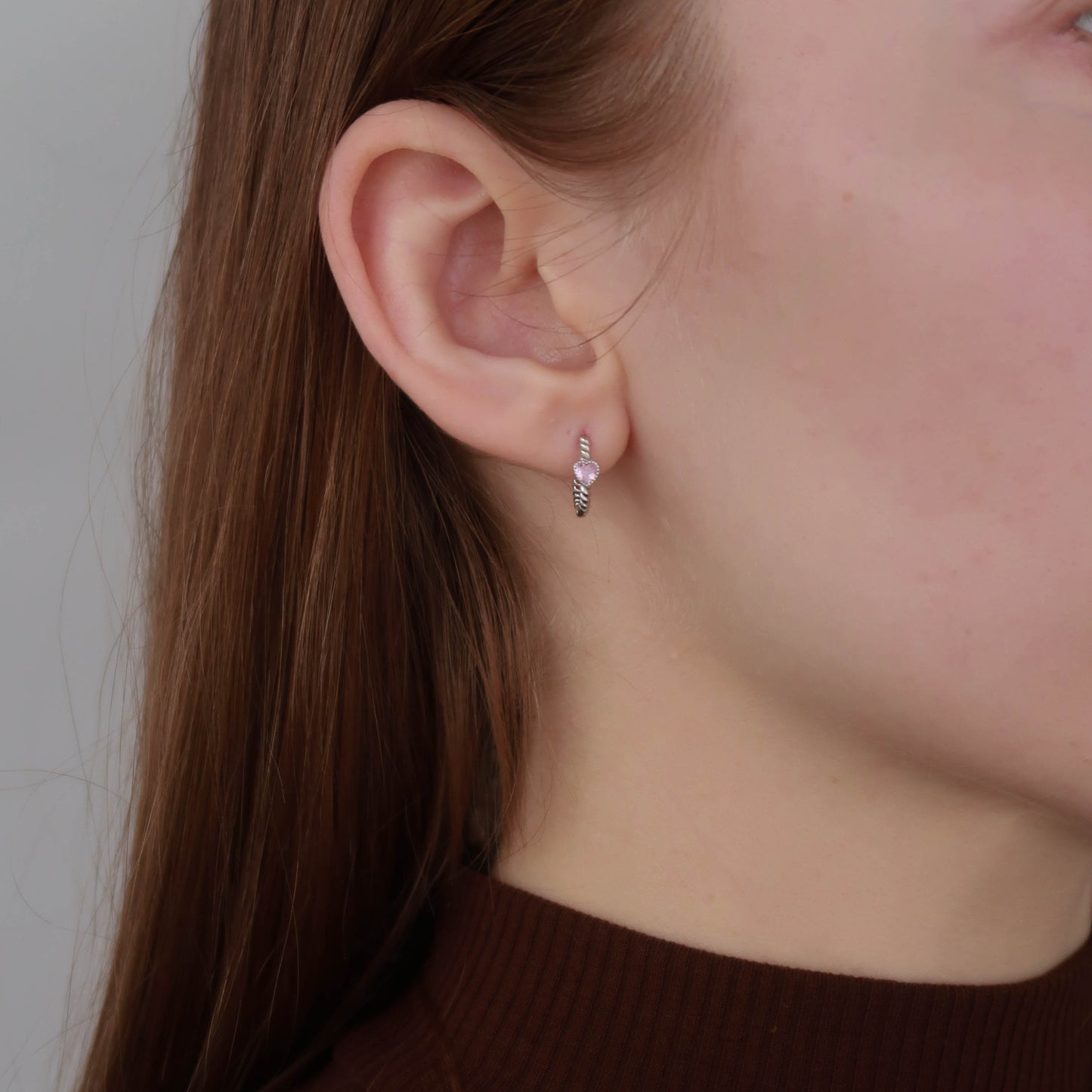 Pink Heart Silver Huggie Hoops - Sterling Silver Textured Earrings